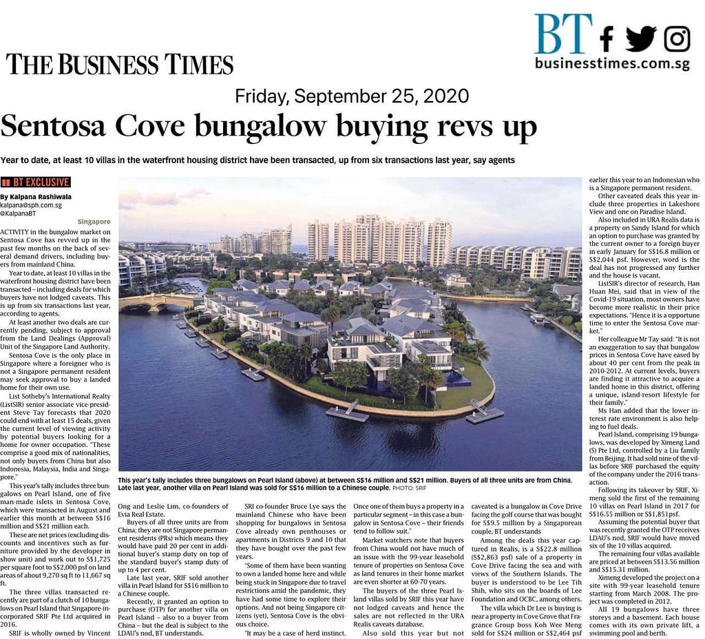 Increasing Buying activities in Sentosa Cove, News Update: BT 25 Sept 2020:  Sentosa Cove bungalow buying revs up, Trusted Advisor
